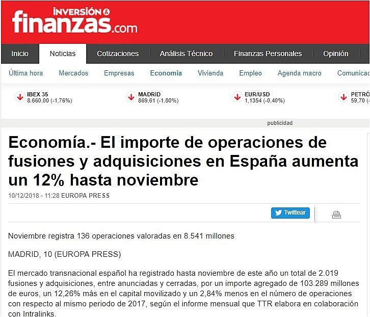 El importe de operaciones de fusiones y adquisiciones en Espaa aumenta un 12% hasta noviembre